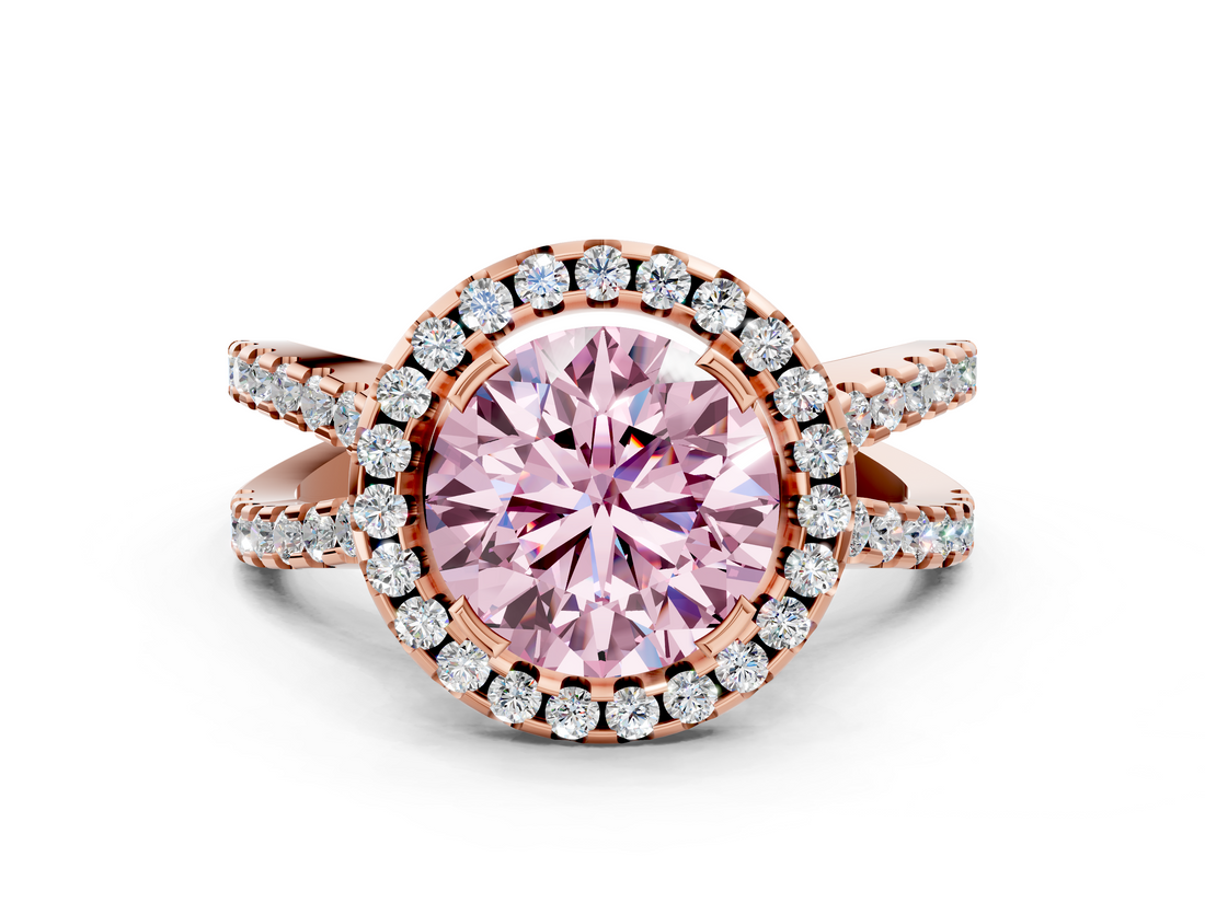 Rose gold Fancy Pink Round  Cut Halo Split Shank Pave Set Ring