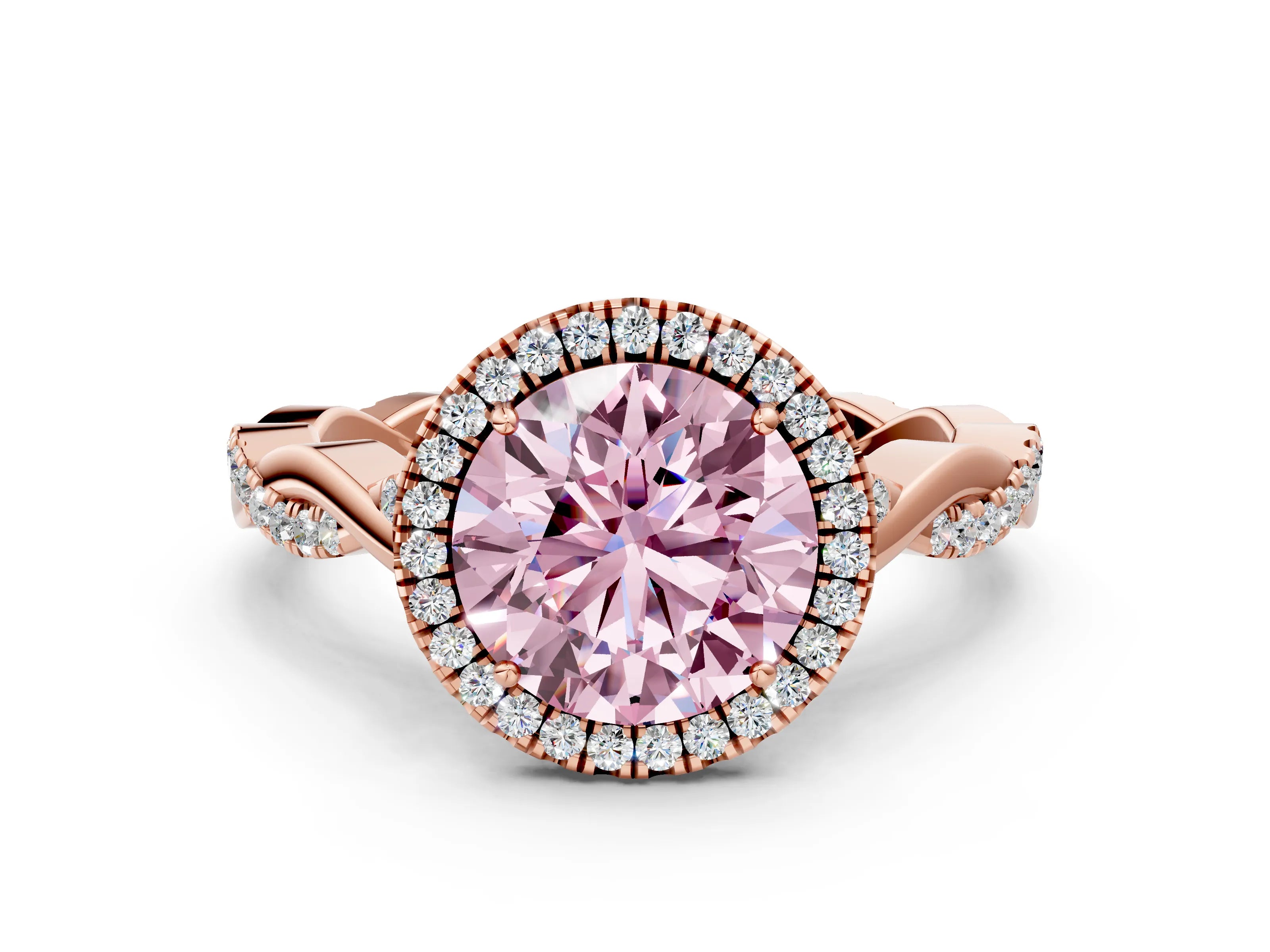 Rose gold Fancy Pink Round Cut Halo Twist Band with Four-Prong Setting