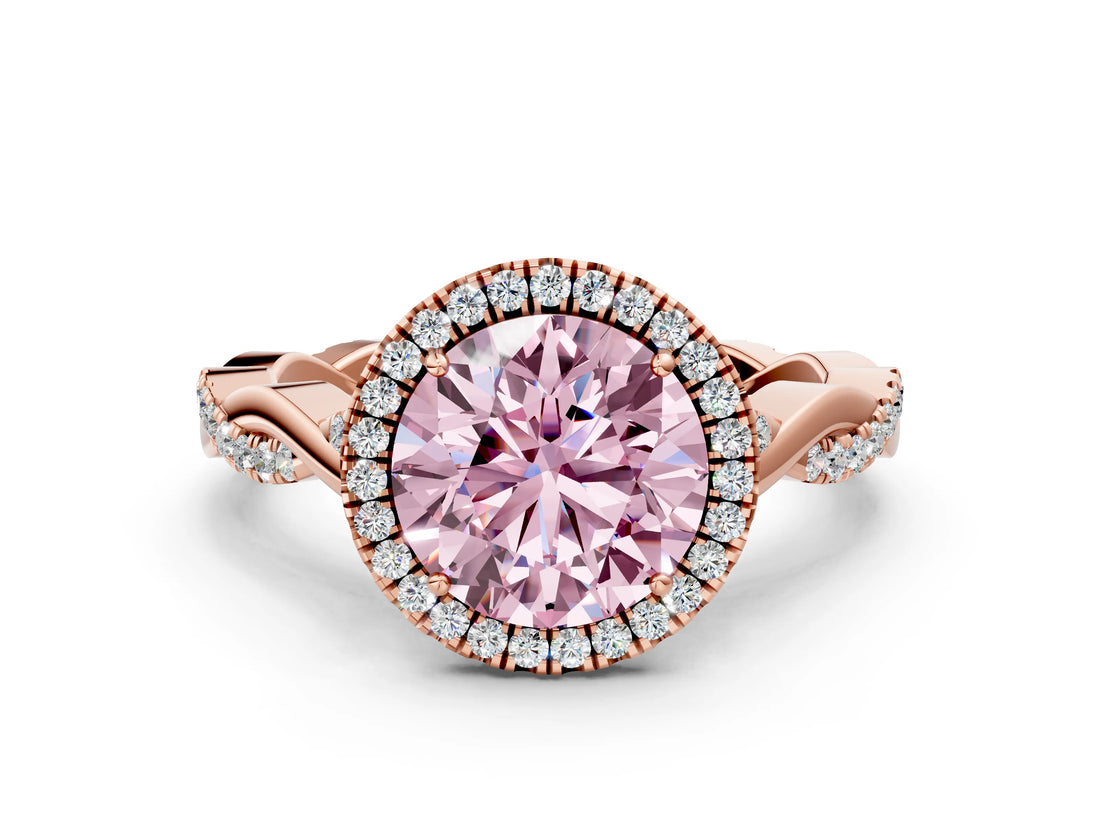 Rose gold Fancy Pink Round Cut Halo Twist Band with Four-Prong Setting_12