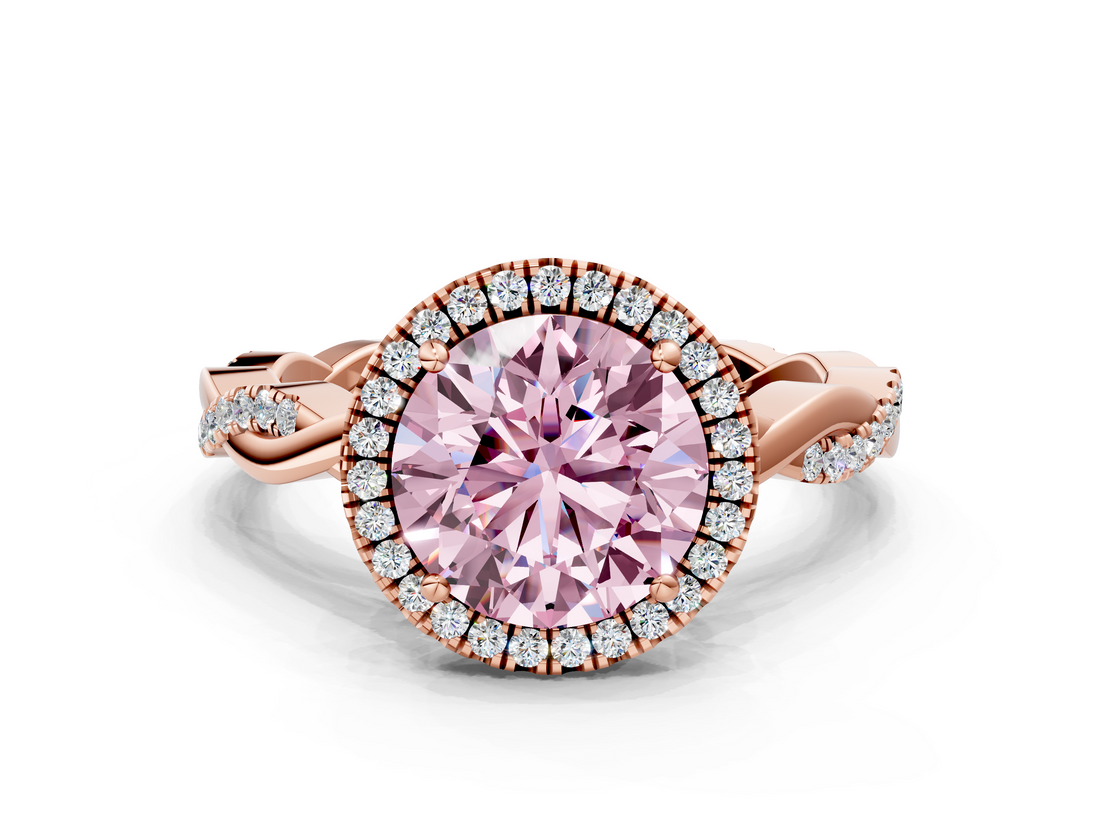 Rose gold Fancy Pink Round  Cut Halo Twisted Band Four-Prong Ring
