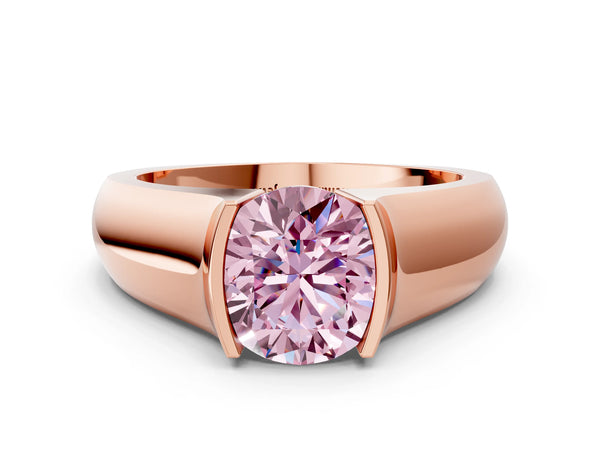 Rose gold Fancy Pink Round Cut Solitaire Bezel Set Diamond Ring with Wide Band