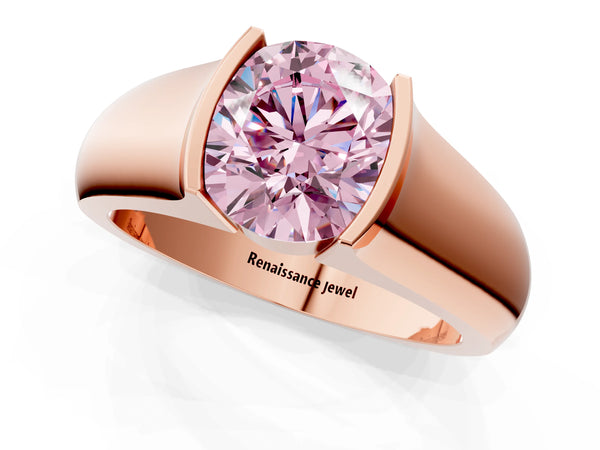 Rose gold Fancy Pink Round Cut Solitaire Bezel Set Diamond Ring with Wide Band