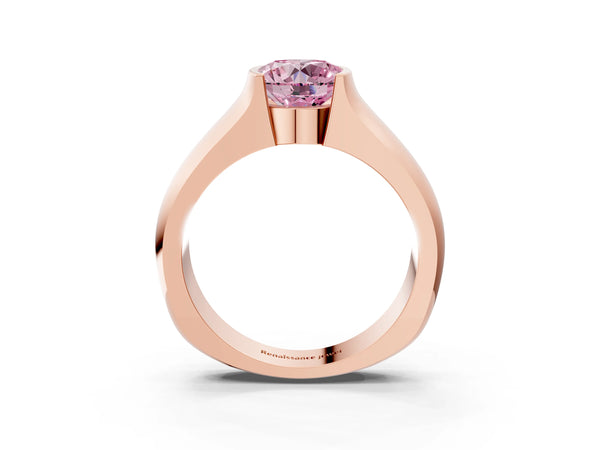 Rose gold Fancy Pink Round Cut Solitaire Bezel Set Diamond Ring with Wide Band