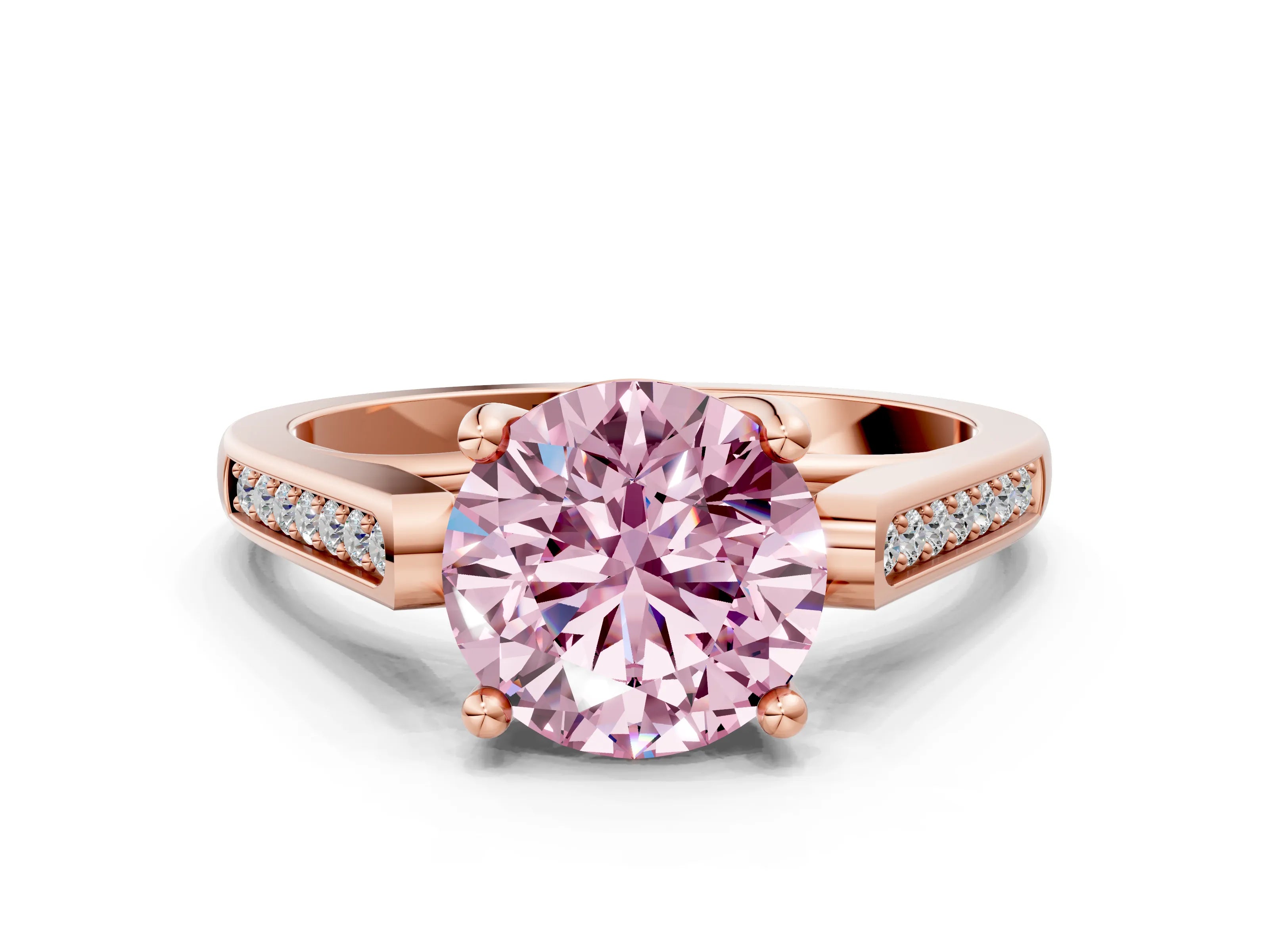 Rose gold Fancy Pink Round Cut Solitaire Cathedral Diamond Engagement Ring with Channel-Set Band and Four-Prong Setting_3