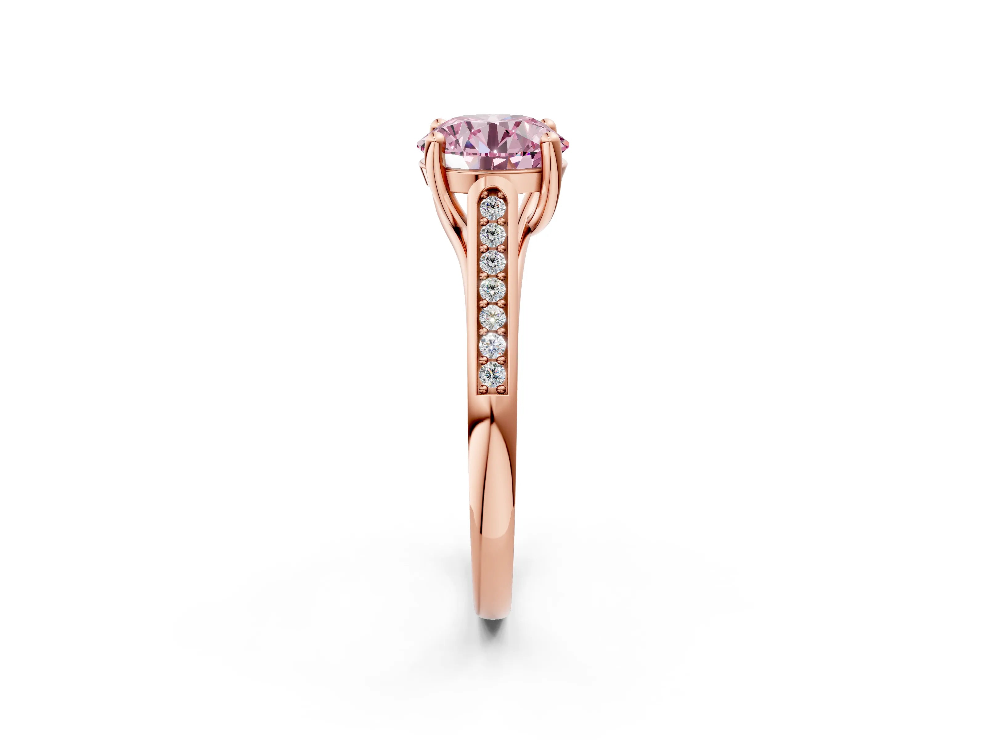 Rose gold Fancy Pink Round Cut Solitaire Cathedral Diamond Engagement Ring with Channel-Set Band and Four-Prong Setting_5