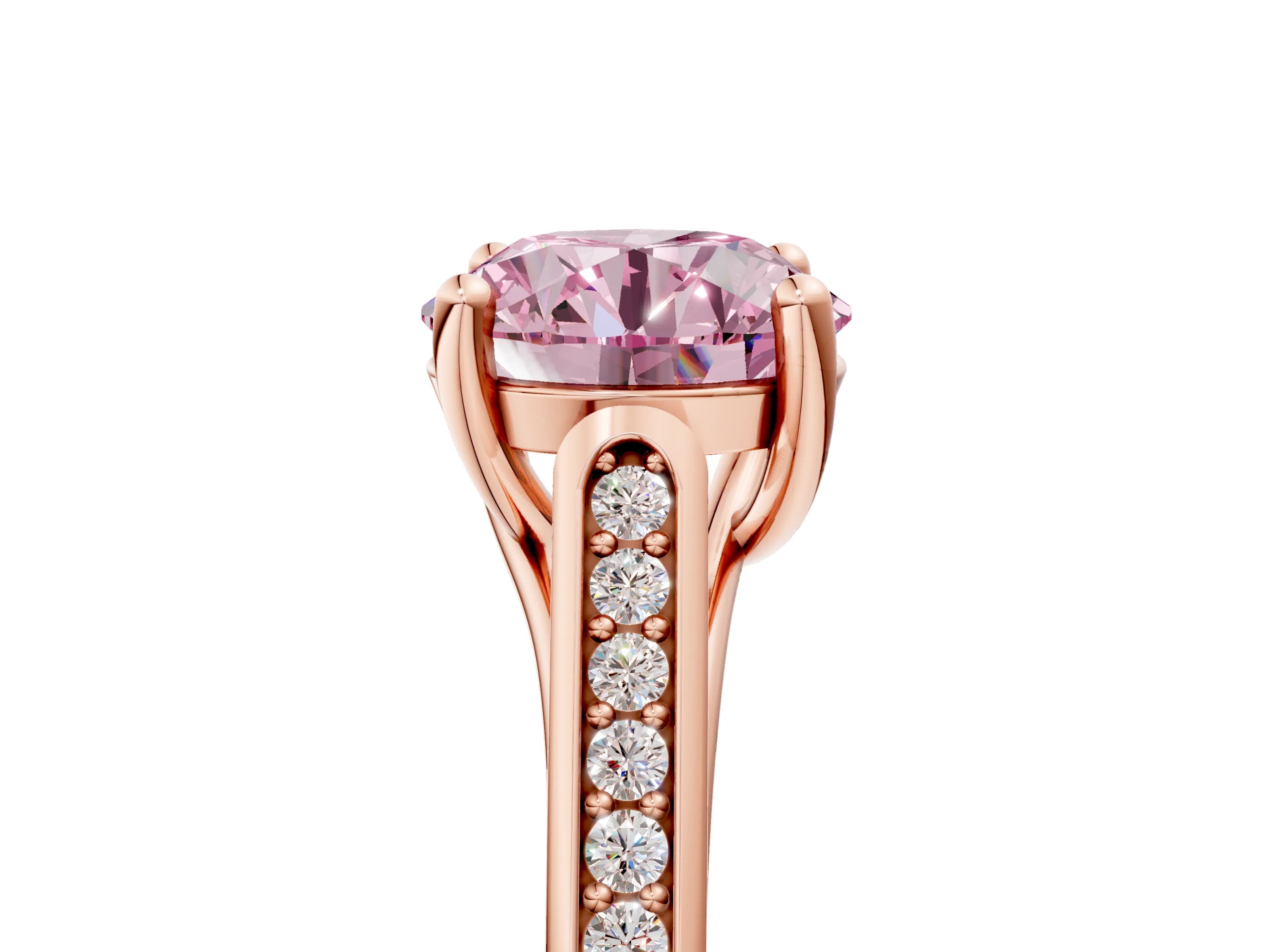 Rose gold Fancy Pink Round Cut Solitaire Cathedral Diamond Engagement Ring with Channel-Set Band and Four-Prong Setting_8