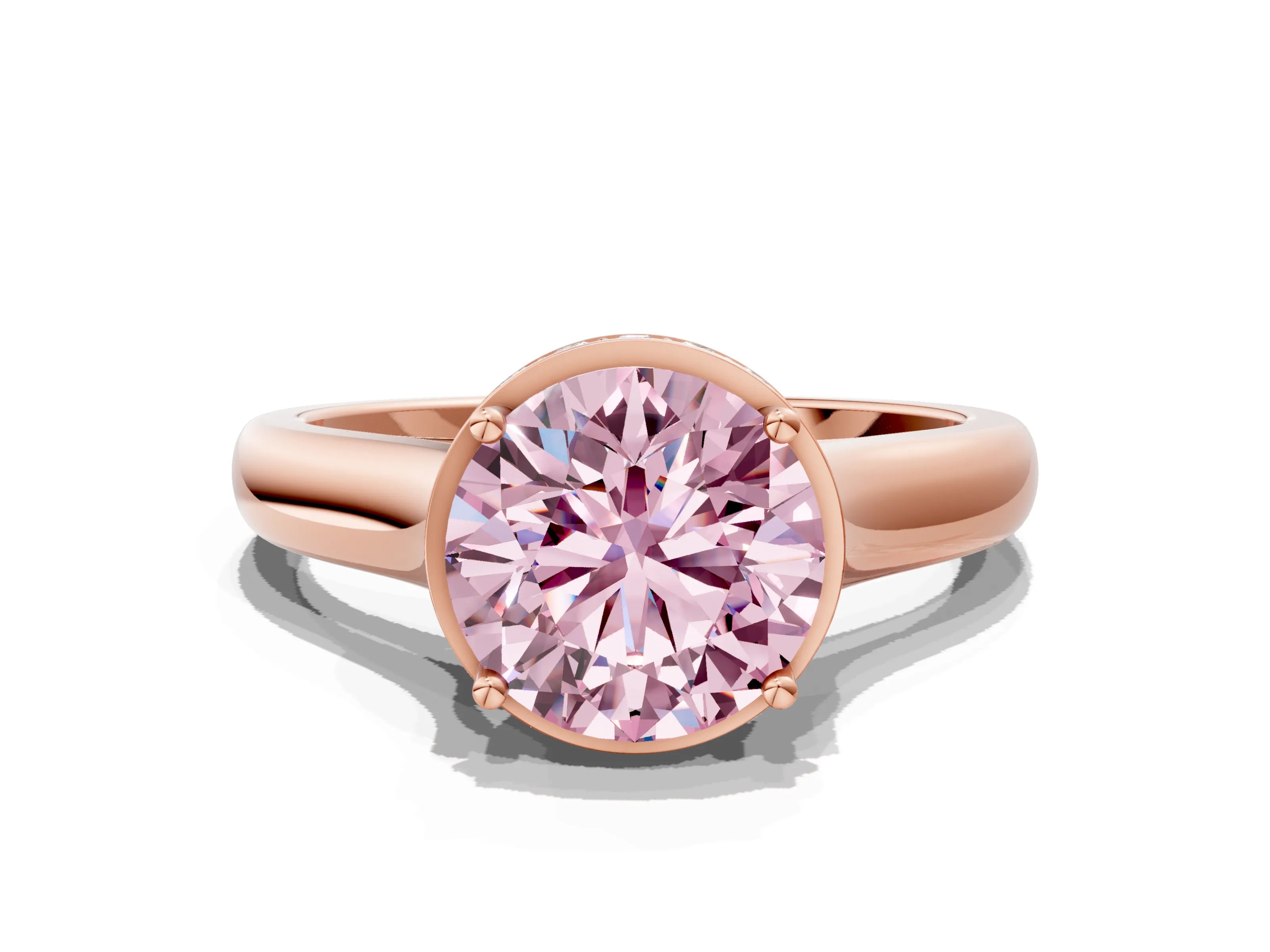 Rose gold Fancy Pink Round Cut Solitaire Diamond Engagement Ring with Four-Prong Setting and Tapered Band