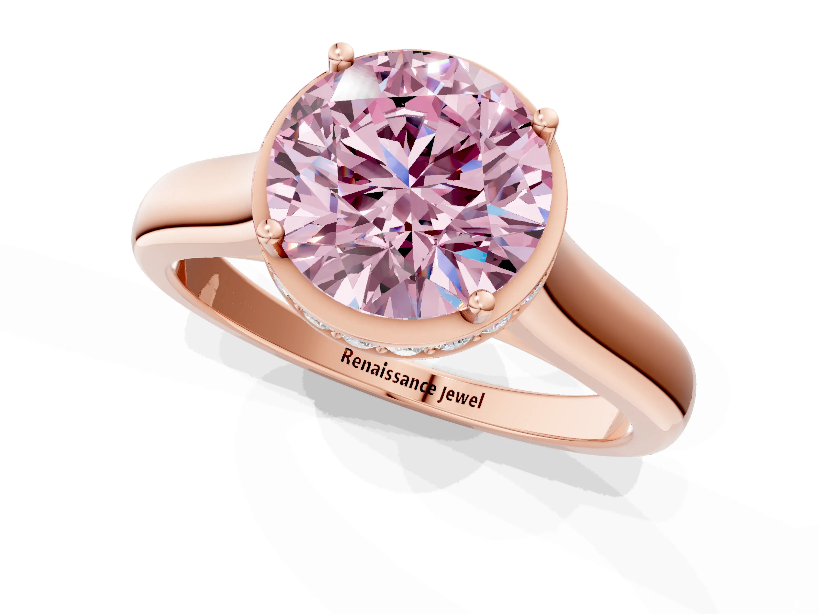Rose gold Fancy Pink Round Cut Solitaire Diamond Engagement Ring with Four-Prong Setting and Tapered Band_1