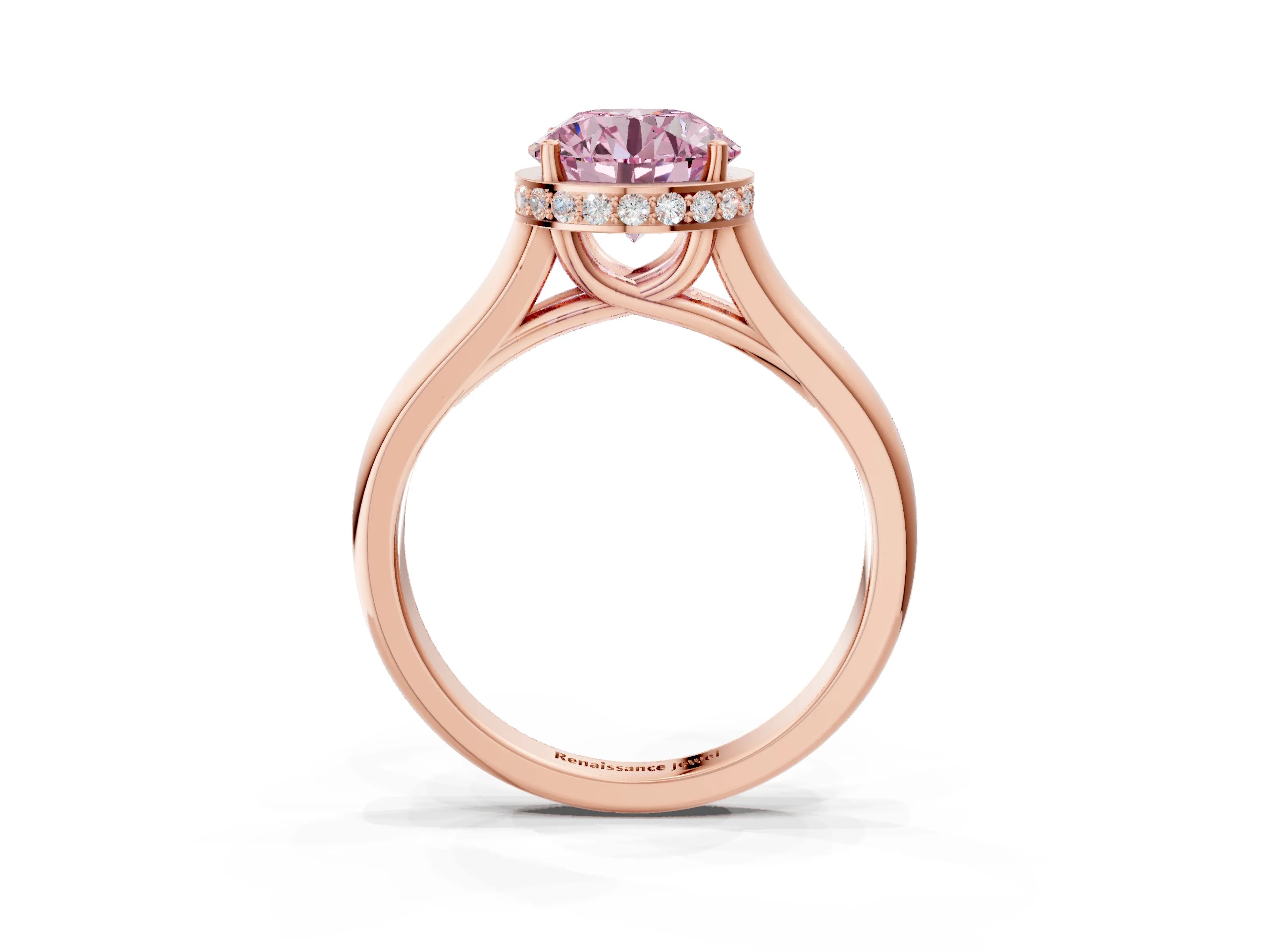 Rose gold Fancy Pink Round Cut Solitaire Diamond Engagement Ring with Four-Prong Setting and Tapered Band_3