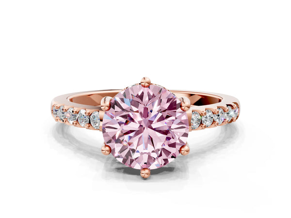 Rose gold Fancy Pink Round Cut Solitaire Diamond Engagement Ring with Pavé Band and Six-Prong Setting