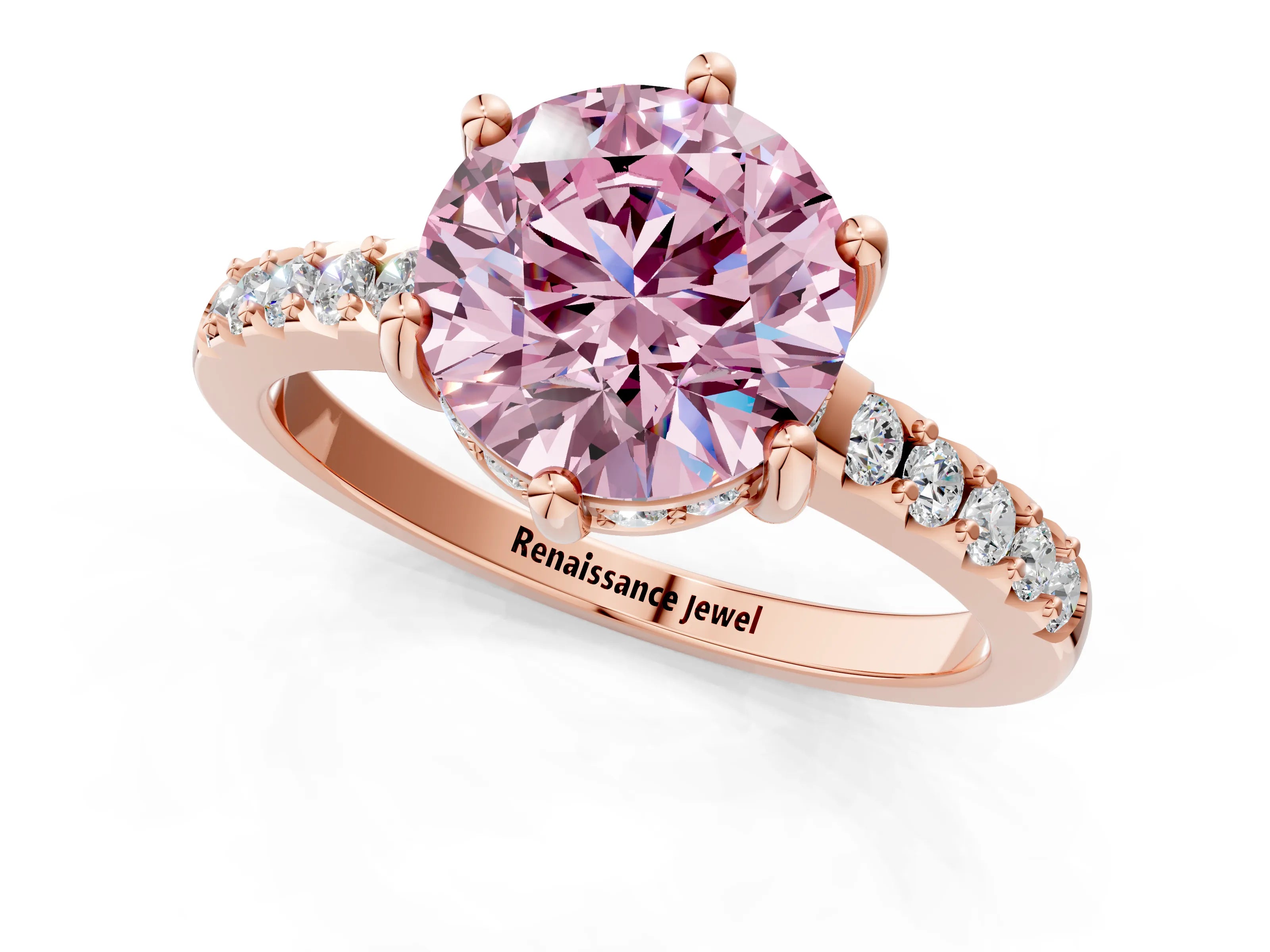 Rose gold Fancy Pink Round Cut Solitaire Diamond Engagement Ring with Pavé Band and Six-Prong Setting_1