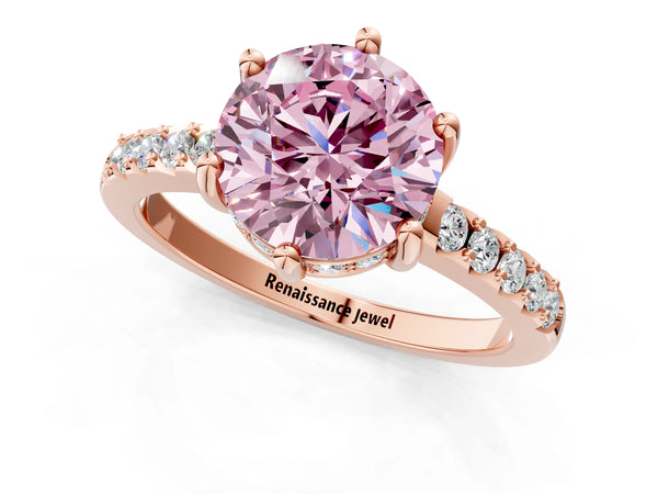 Rose gold Fancy Pink Round Cut Solitaire Diamond Engagement Ring with Pavé Band and Six-Prong Setting
