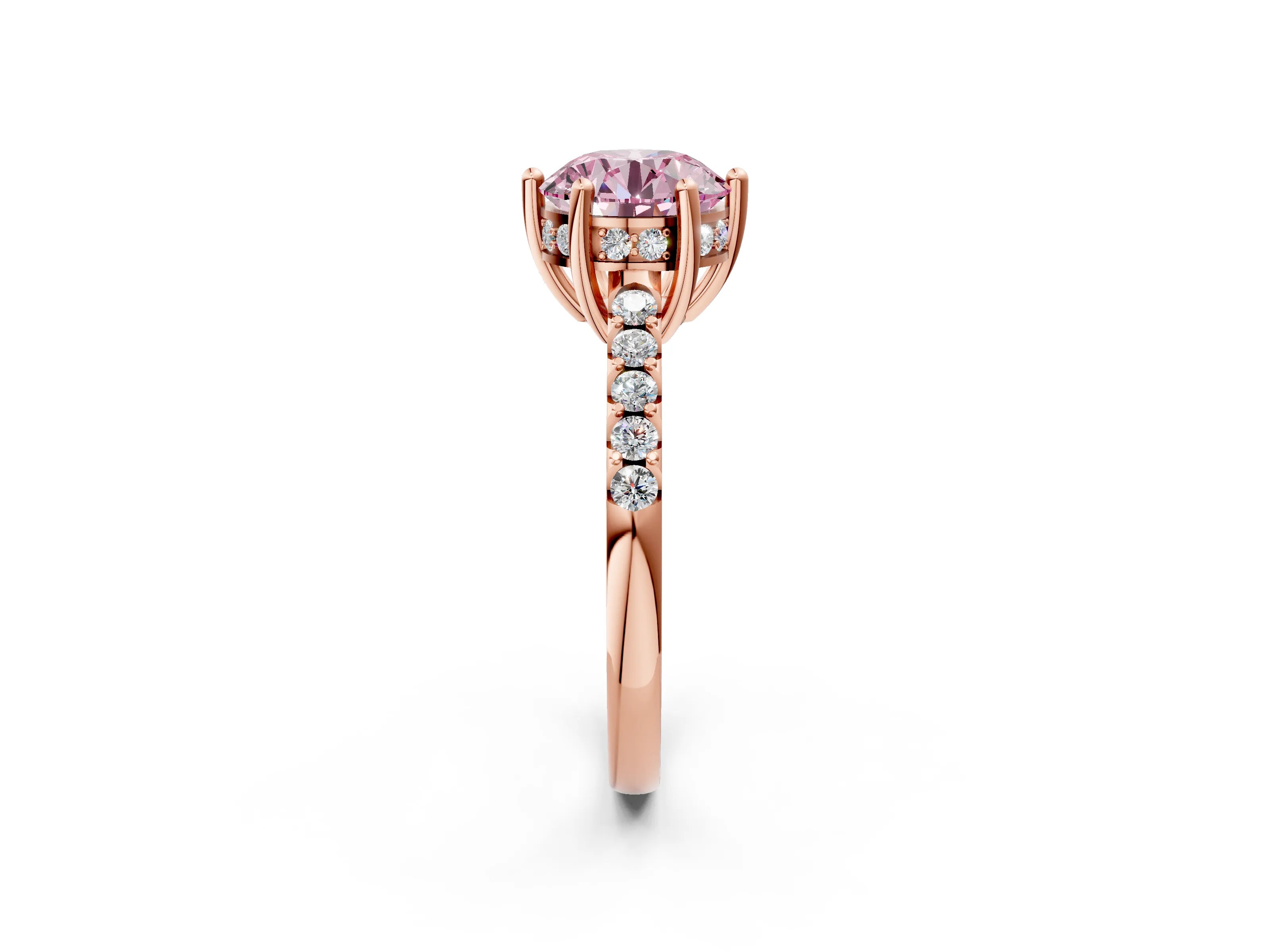 Rose gold Fancy Pink Round Cut Solitaire Diamond Engagement Ring with Pavé Band and Six-Prong Setting_2