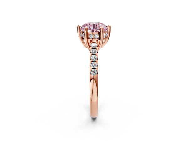 Rose gold Fancy Pink Round Cut Solitaire Diamond Engagement Ring with Pavé Band and Six-Prong Setting