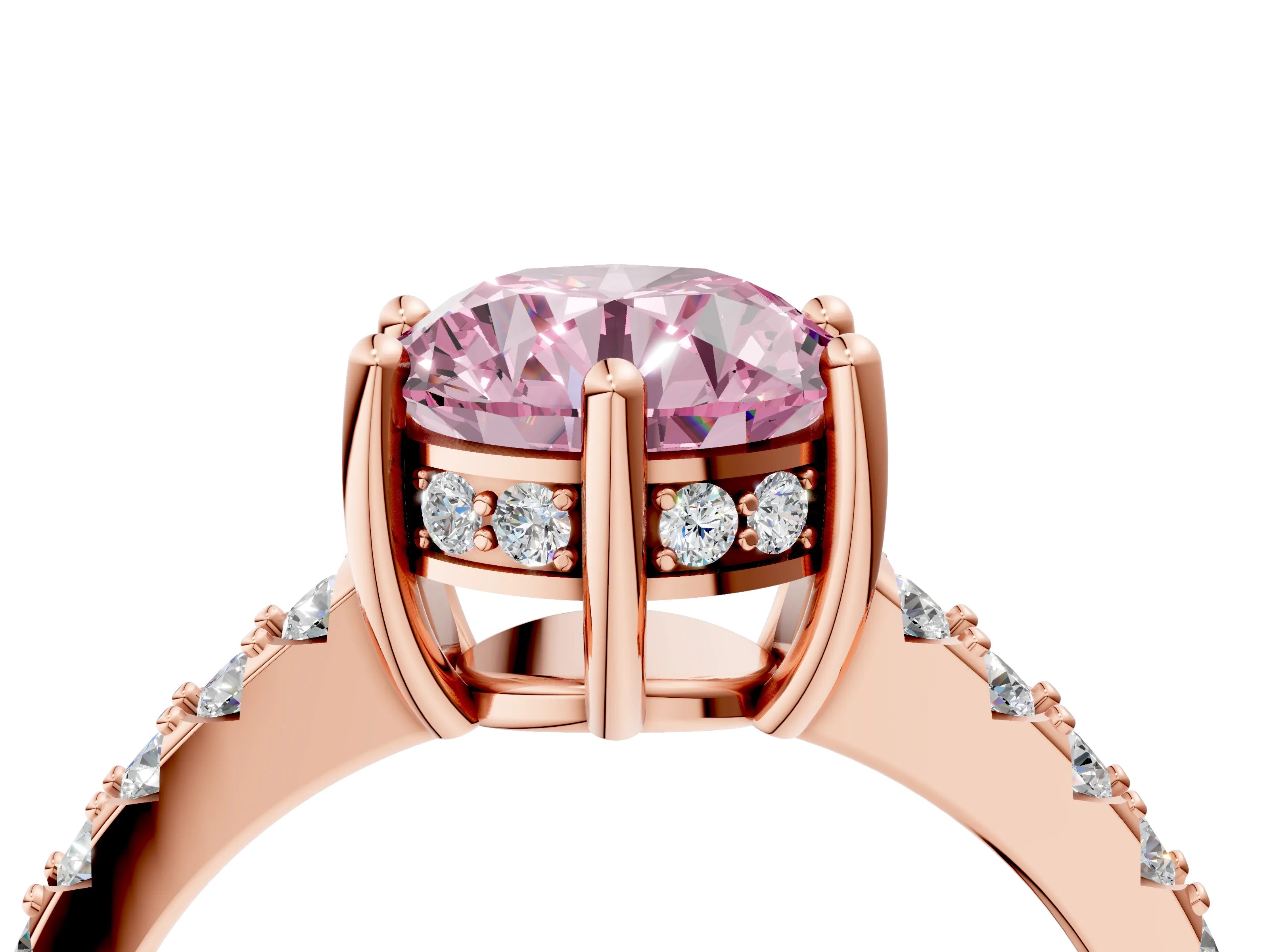 Rose gold Fancy Pink Round Cut Solitaire Diamond Engagement Ring with Pavé Band and Six-Prong Setting_4