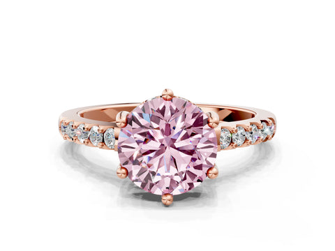 Rose gold Fancy Pink Round Cut Solitaire Diamond Engagement Ring with Pavé Band and Six-Prong Setting