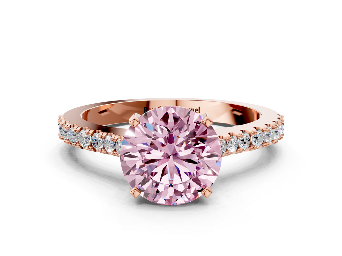 Rose gold Fancy Pink Round  Cut Solitaire Diamond Engagement Ring with Pave Band and Four-Prong Setting