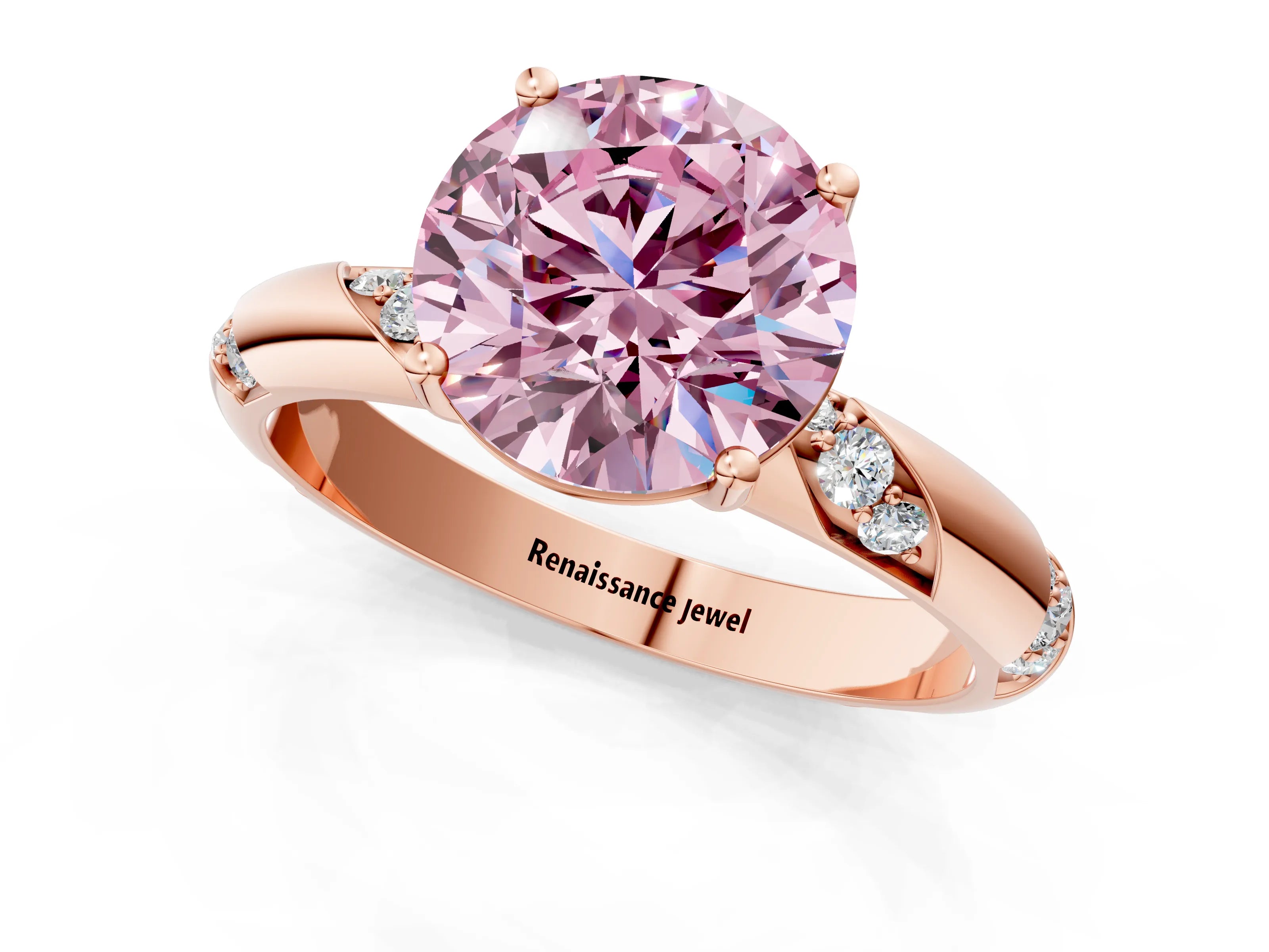 Rose gold Fancy Pink Round Cut Solitaire Diamond Engagement Ring with Twisted Pave Band and Four-Prong Setting_4