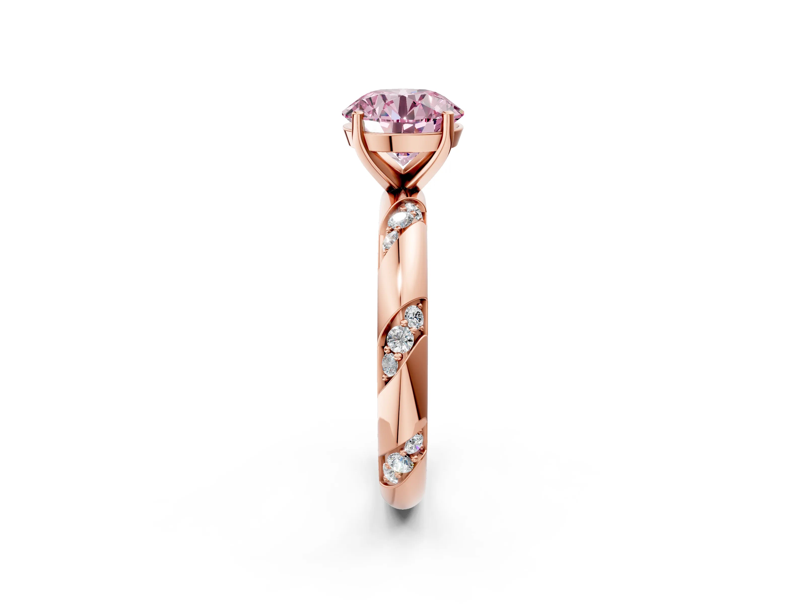 Rose gold Fancy Pink Round Cut Solitaire Diamond Engagement Ring with Twisted Pave Band and Four-Prong Setting_5