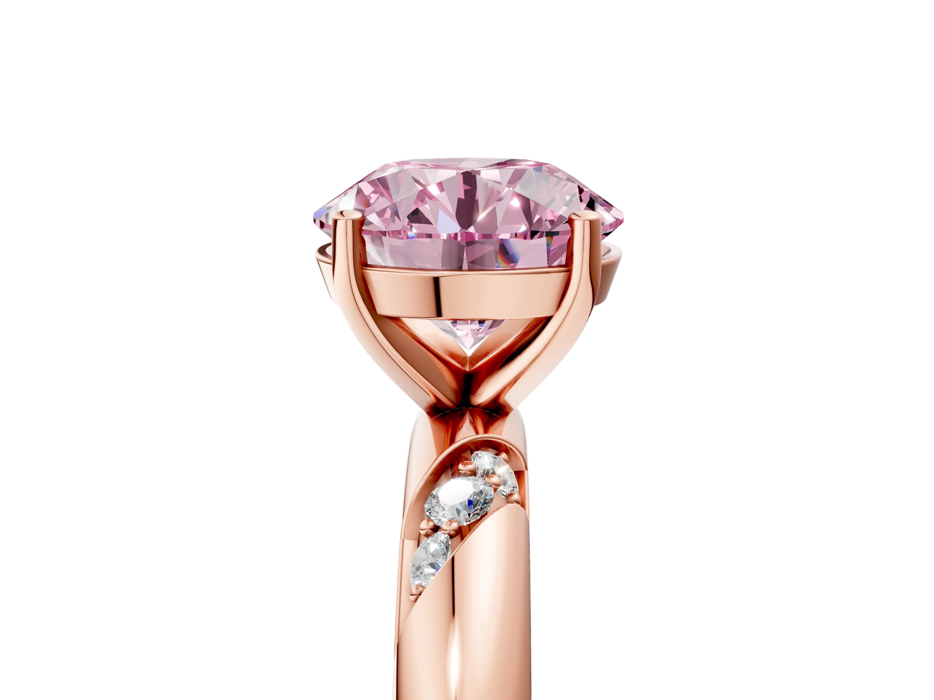 Rose gold Fancy Pink Round Cut Solitaire Diamond Engagement Ring with Twisted Pave Band and Four-Prong Setting_8