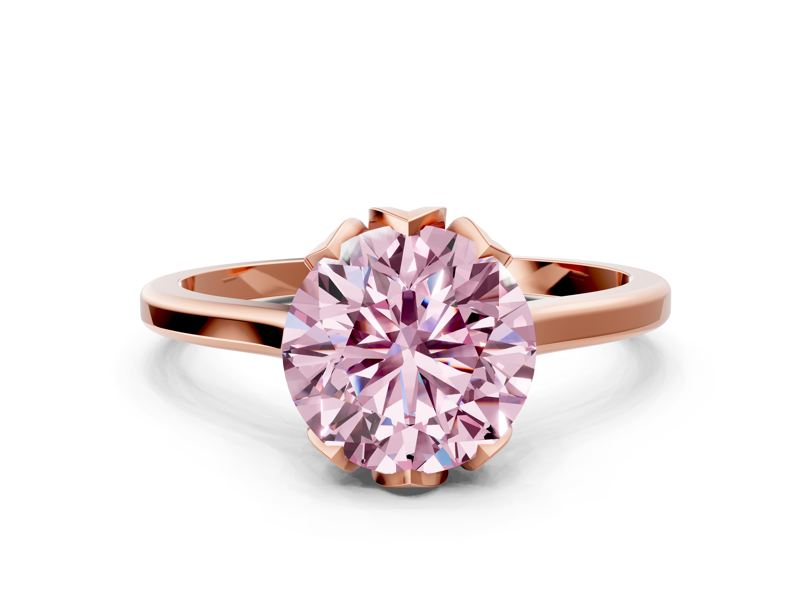 Rose gold Fancy Pink Round  Cut Solitaire Diamond Ring with Flower-Prong Setting and Classic Band