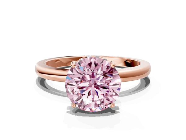 Rose gold Fancy Pink Round Cut Solitaire Diamond Ring with Prong Setting and Plain Band