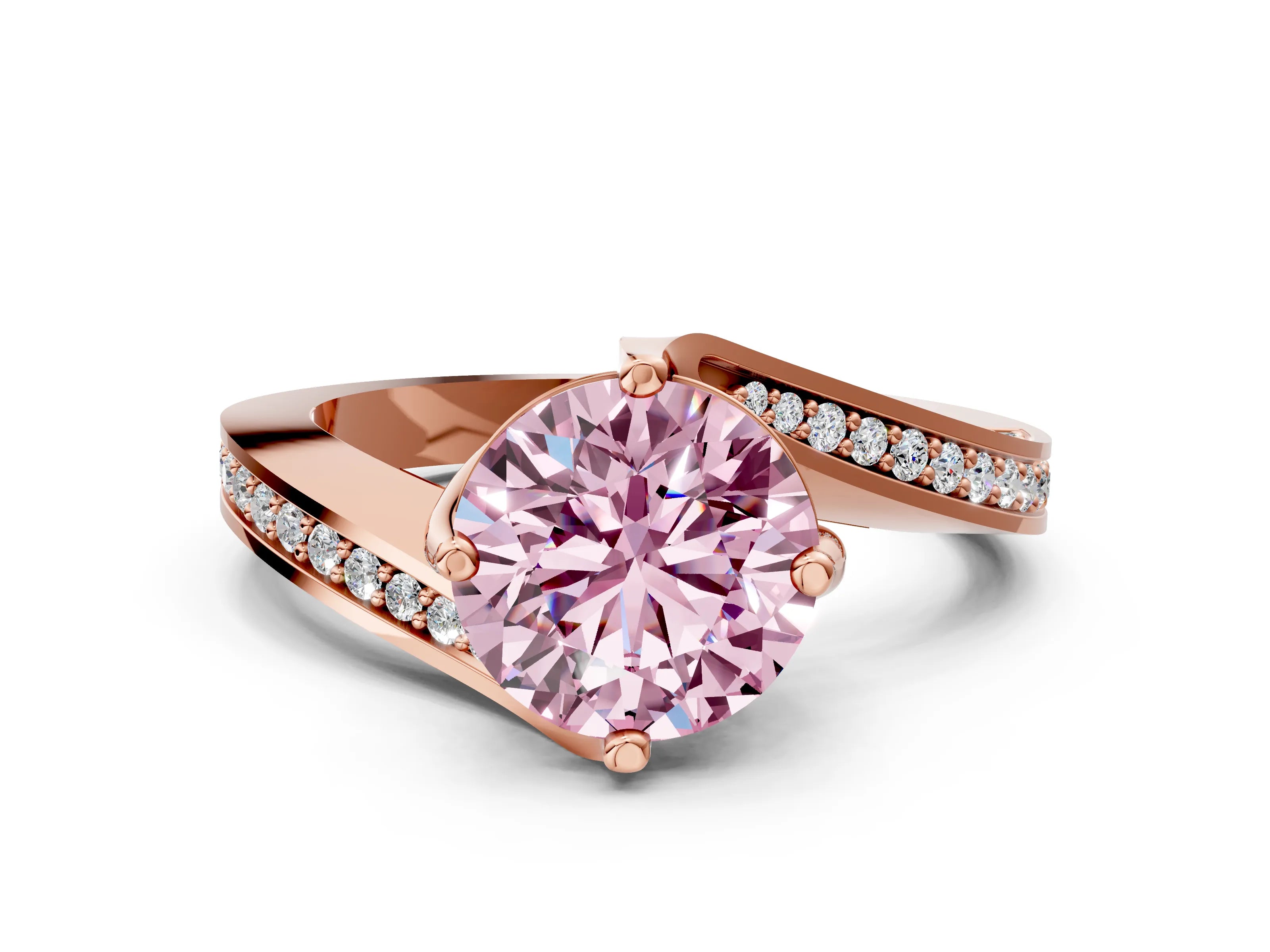 Rose gold Fancy Pink Round Cut Solitaire Diamond Twist Band with Pavé Setting and Four-Prong Setting