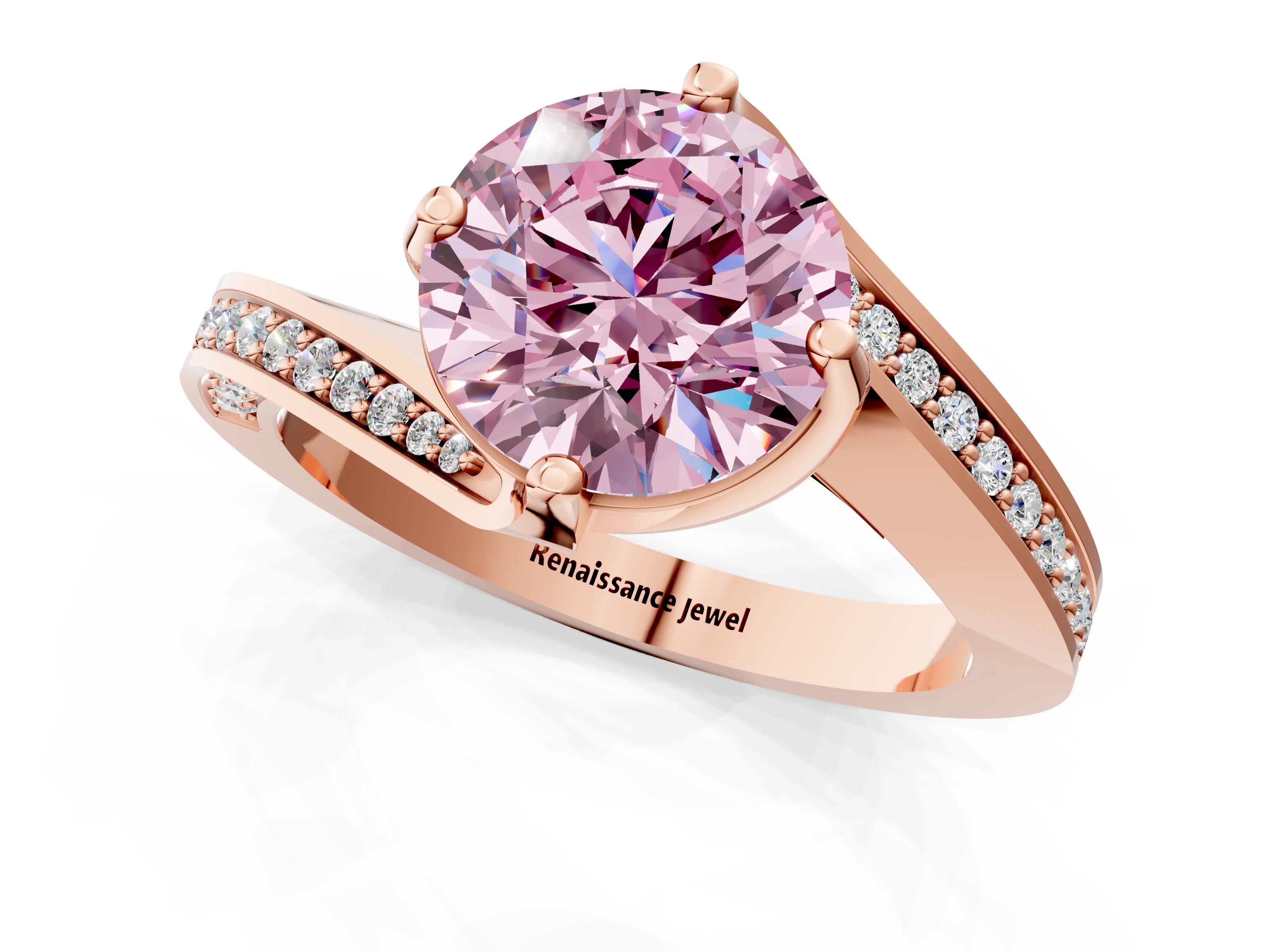 Rose gold Fancy Pink Round Cut Solitaire Diamond Twist Band with Pavé Setting and Four-Prong Setting_1