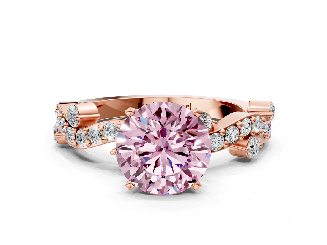 Rose gold Fancy Pink Round  Cut Solitaire Diamond Twisted Band with Pave Setting