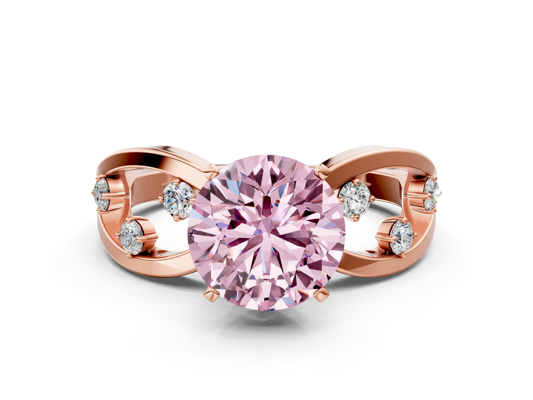 Rose gold Fancy Pink Round  Cut Solitaire Diamond with Side Stones on Criss-Cross Band and Four-Prong Setting