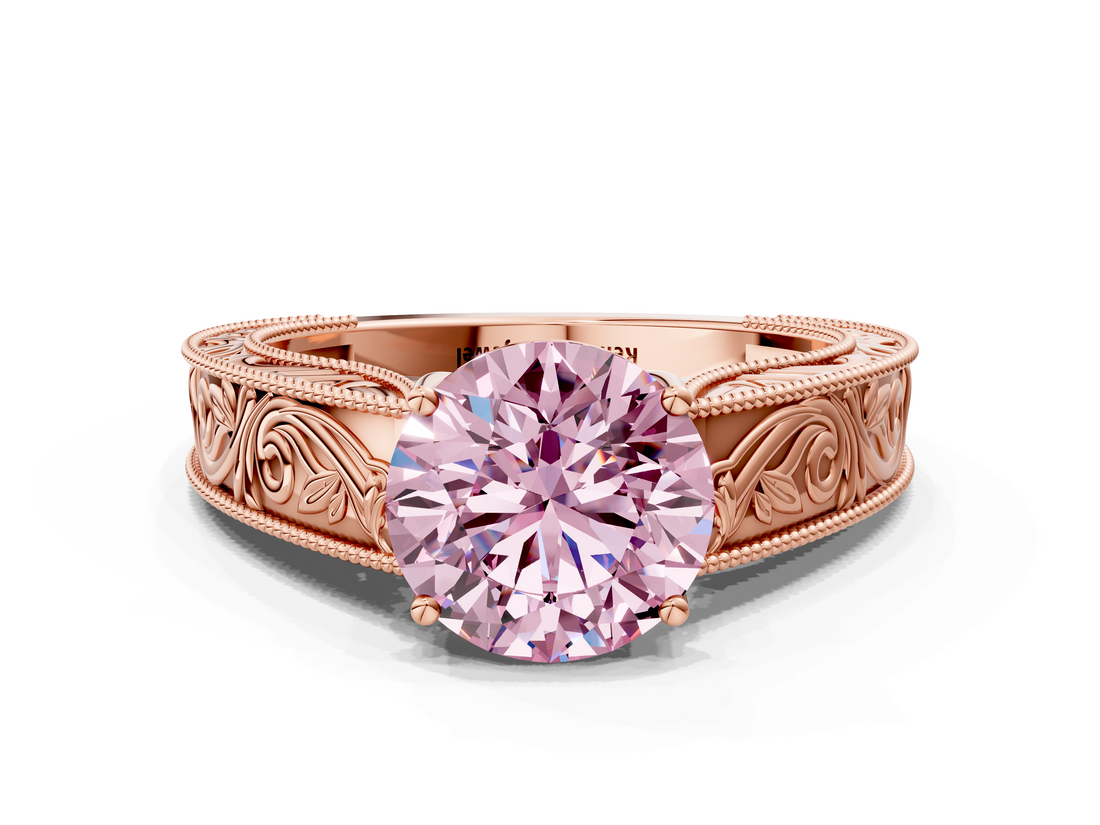 Rose gold Fancy Pink Round  Cut Solitaire Engraved Band with Four-Prong Setting