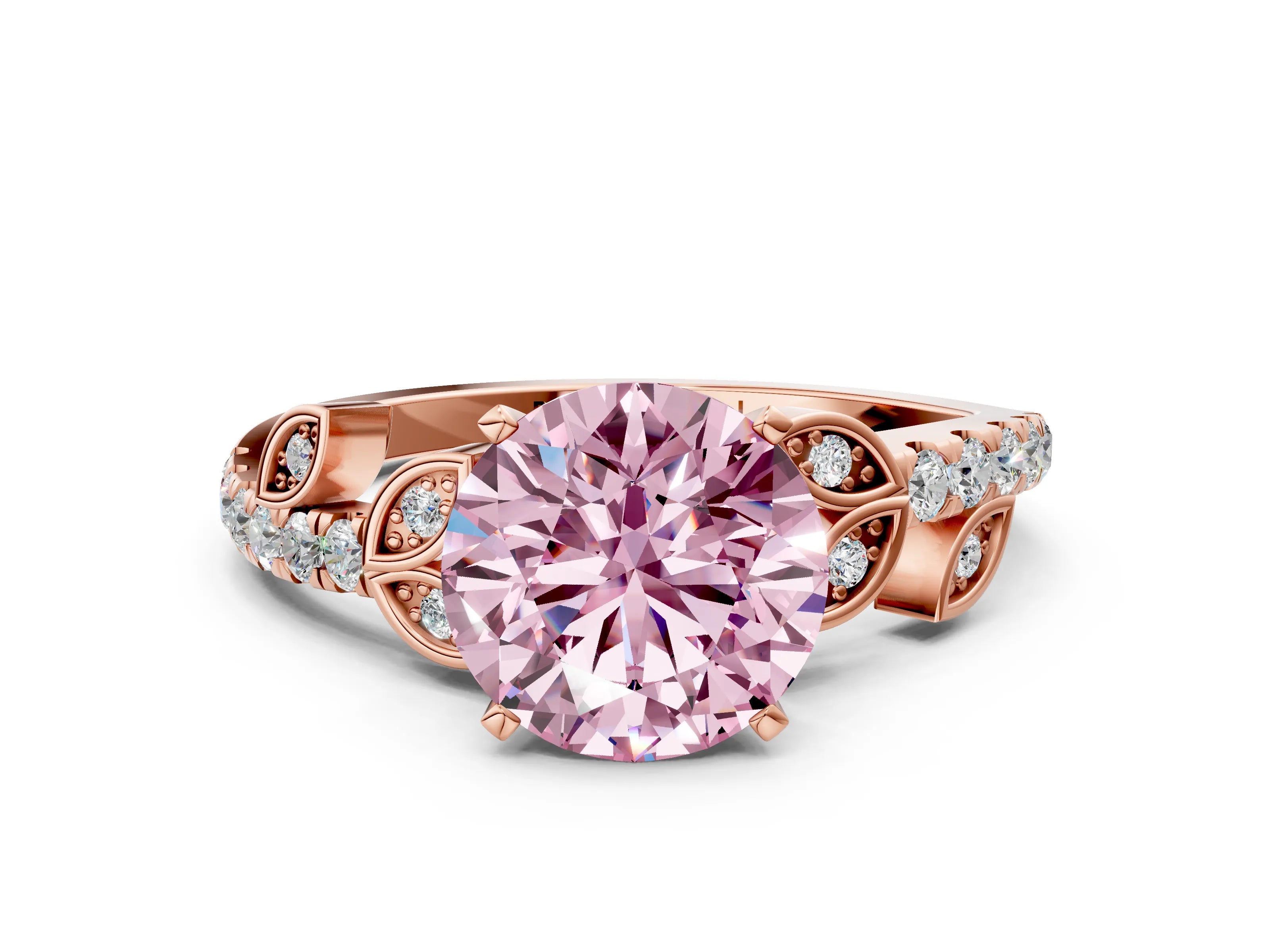 Rose gold Fancy Pink Round Cut Solitaire Leaf-Inspired Diamond Ring with Pavé Band and Four-Prong Setting