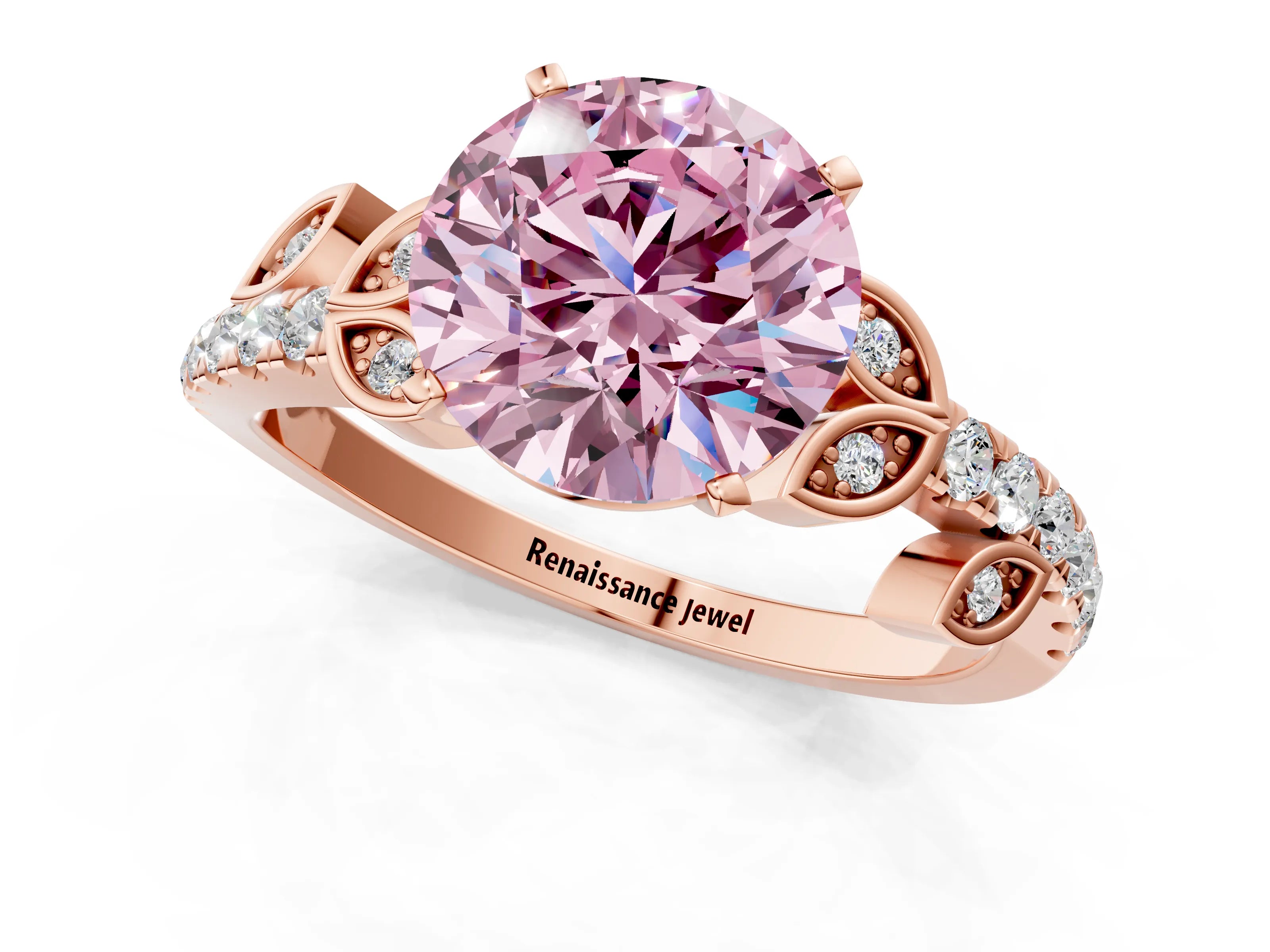 Rose gold Fancy Pink Round Cut Solitaire Leaf-Inspired Diamond Ring with Pavé Band and Four-Prong Setting_1