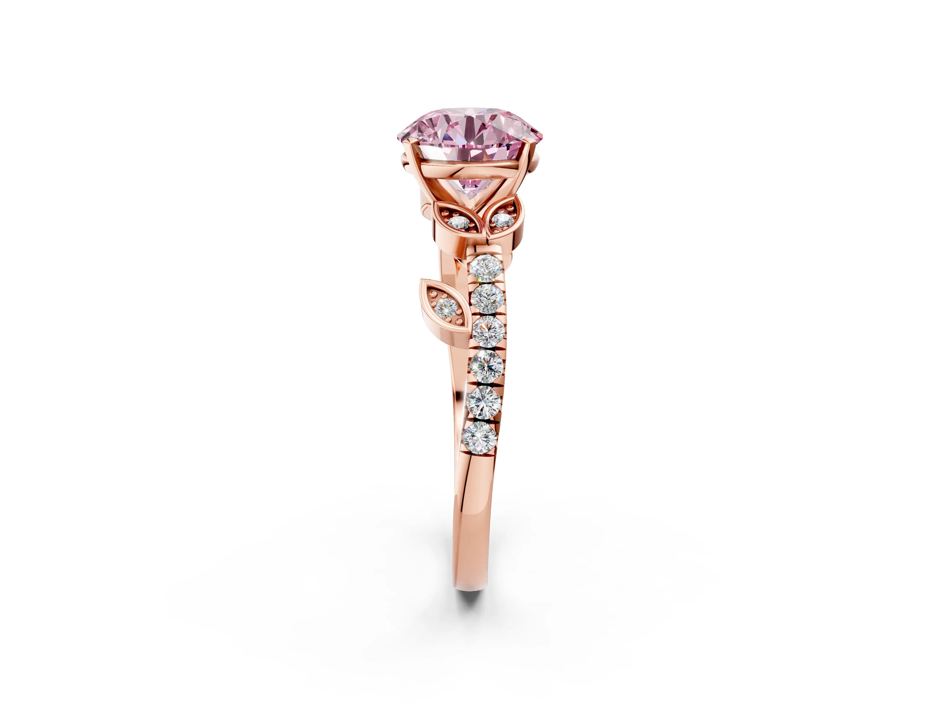 Rose gold Fancy Pink Round Cut Solitaire Leaf-Inspired Diamond Ring with Pavé Band and Four-Prong Setting_2