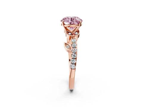 Rose gold Fancy Pink Round Cut Solitaire Leaf-Inspired Diamond Ring with Pavé Band and Four-Prong Setting_2