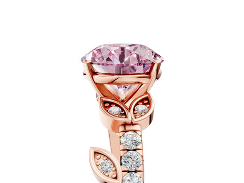 Rose gold Fancy Pink Round Cut Solitaire Leaf-Inspired Diamond Ring with Pavé Band and Four-Prong Setting_5