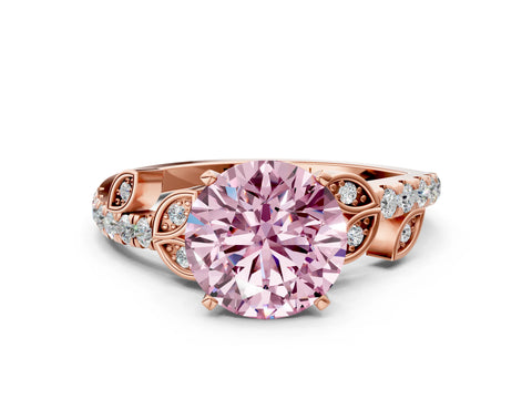 Rose gold Fancy Pink Round Cut Solitaire Leaf-Inspired Diamond Ring with Pavé Band and Four-Prong Setting