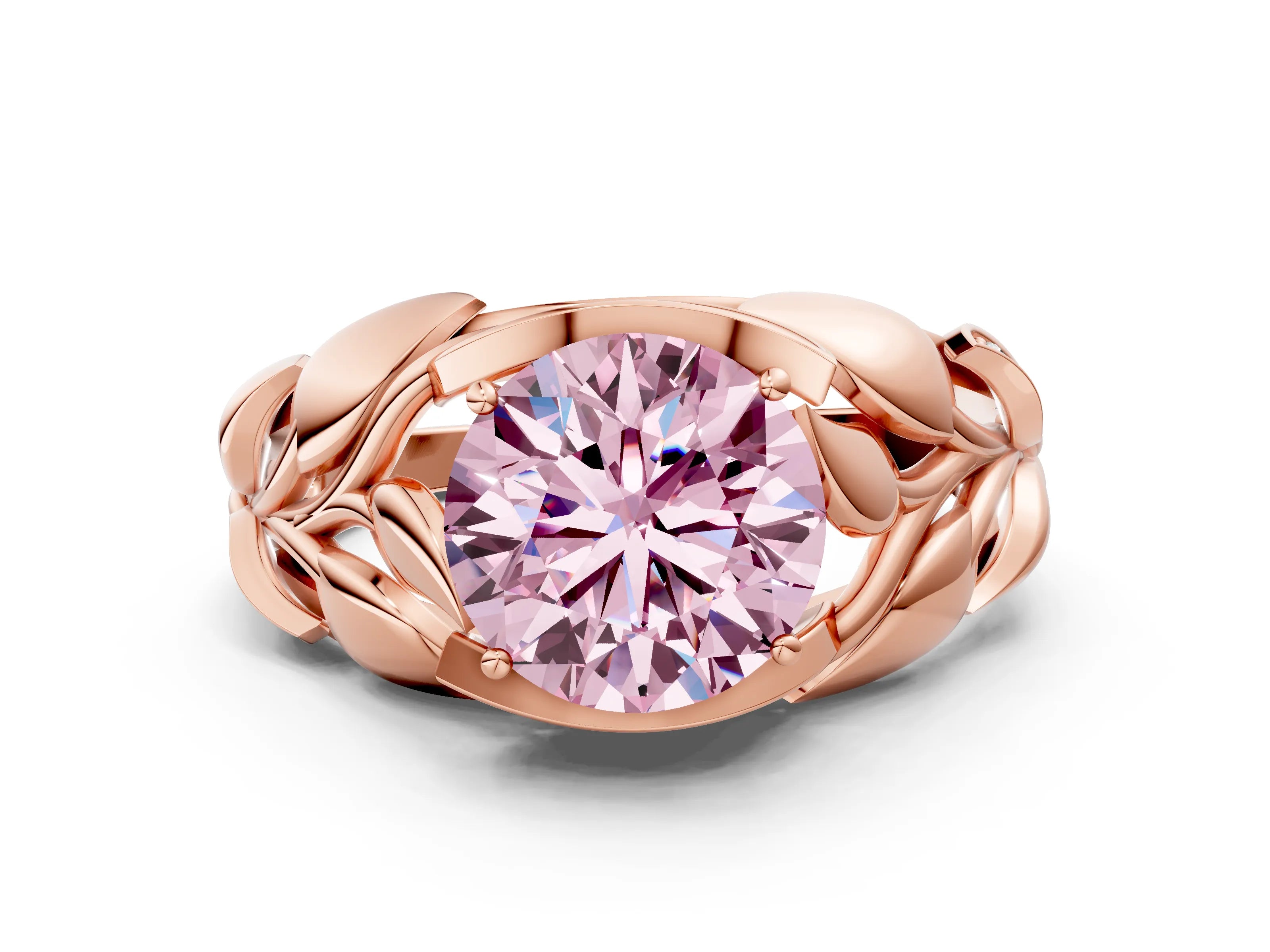 Rose gold Fancy Pink Round Cut Solitaire Leaf-Inspired Engagement Ring with Prong Setting