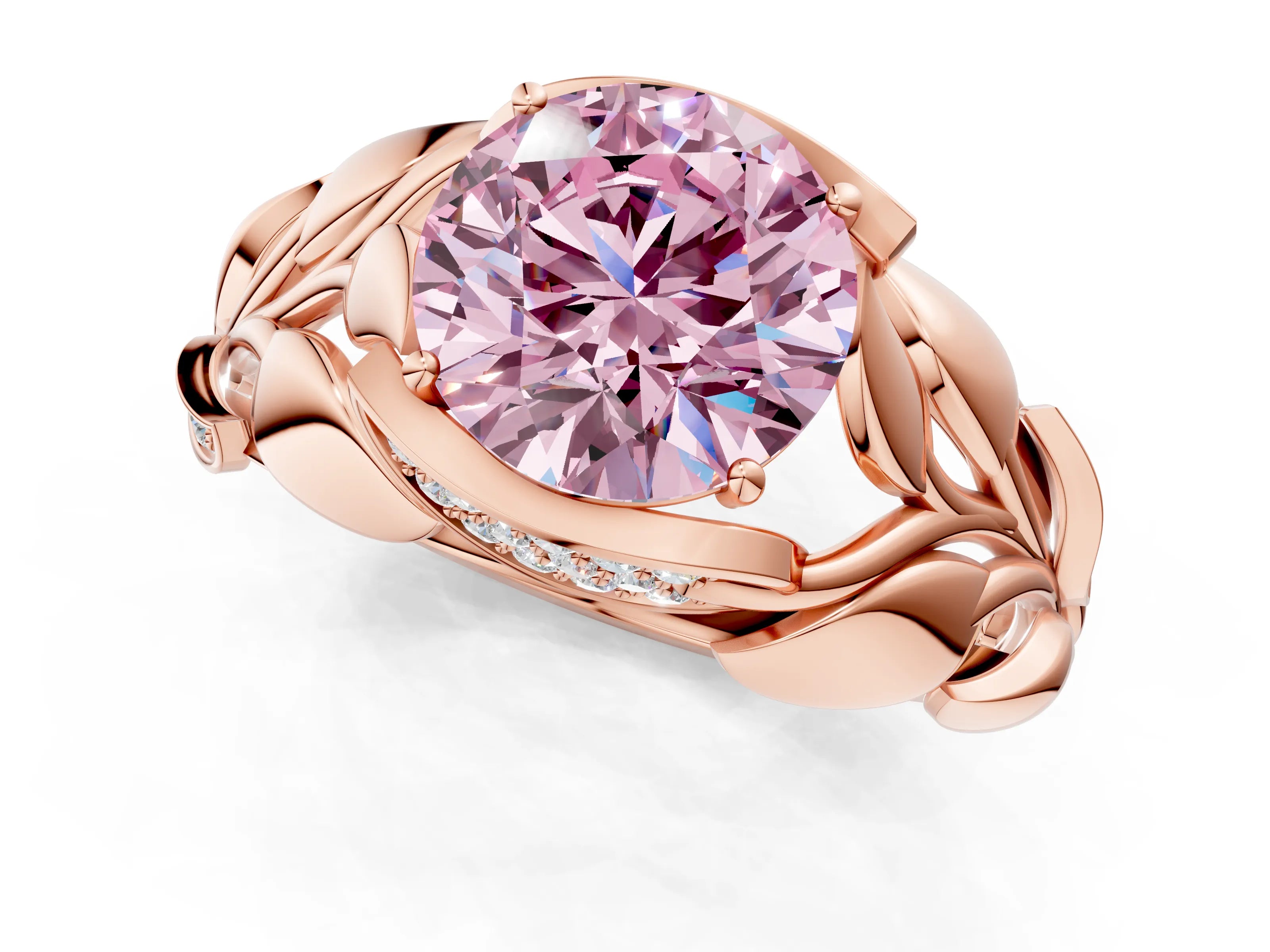 Rose gold Fancy Pink Round Cut Solitaire Leaf-Inspired Engagement Ring with Prong Setting_1