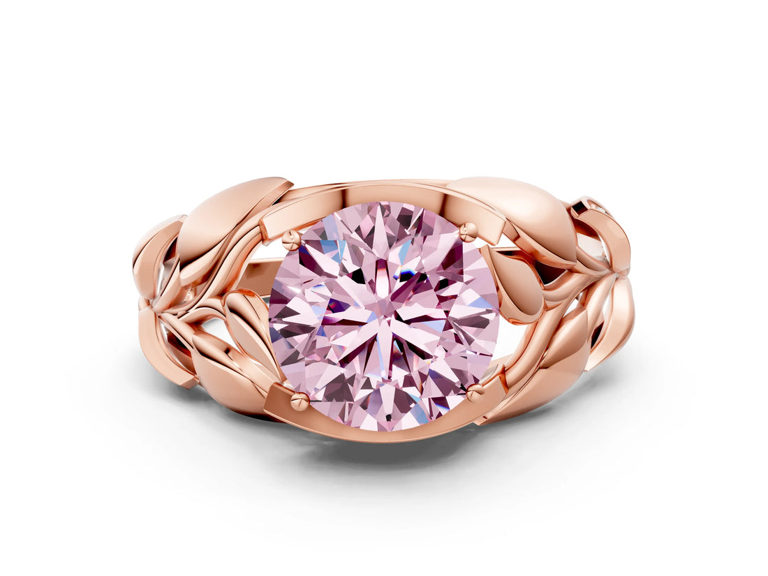 Rose gold Fancy Pink Round Cut Solitaire Leaf-Inspired Engagement Ring with Prong Setting_12