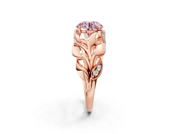 Rose Gold Round Leaf Bypass Engagement Ring Setting for Fancy Pink Center with Pave Leaf Panels