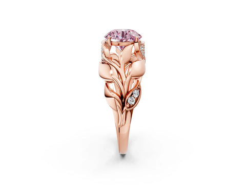 Rose gold Fancy Pink Round Cut Solitaire Leaf-Inspired Engagement Ring with Prong Setting_2