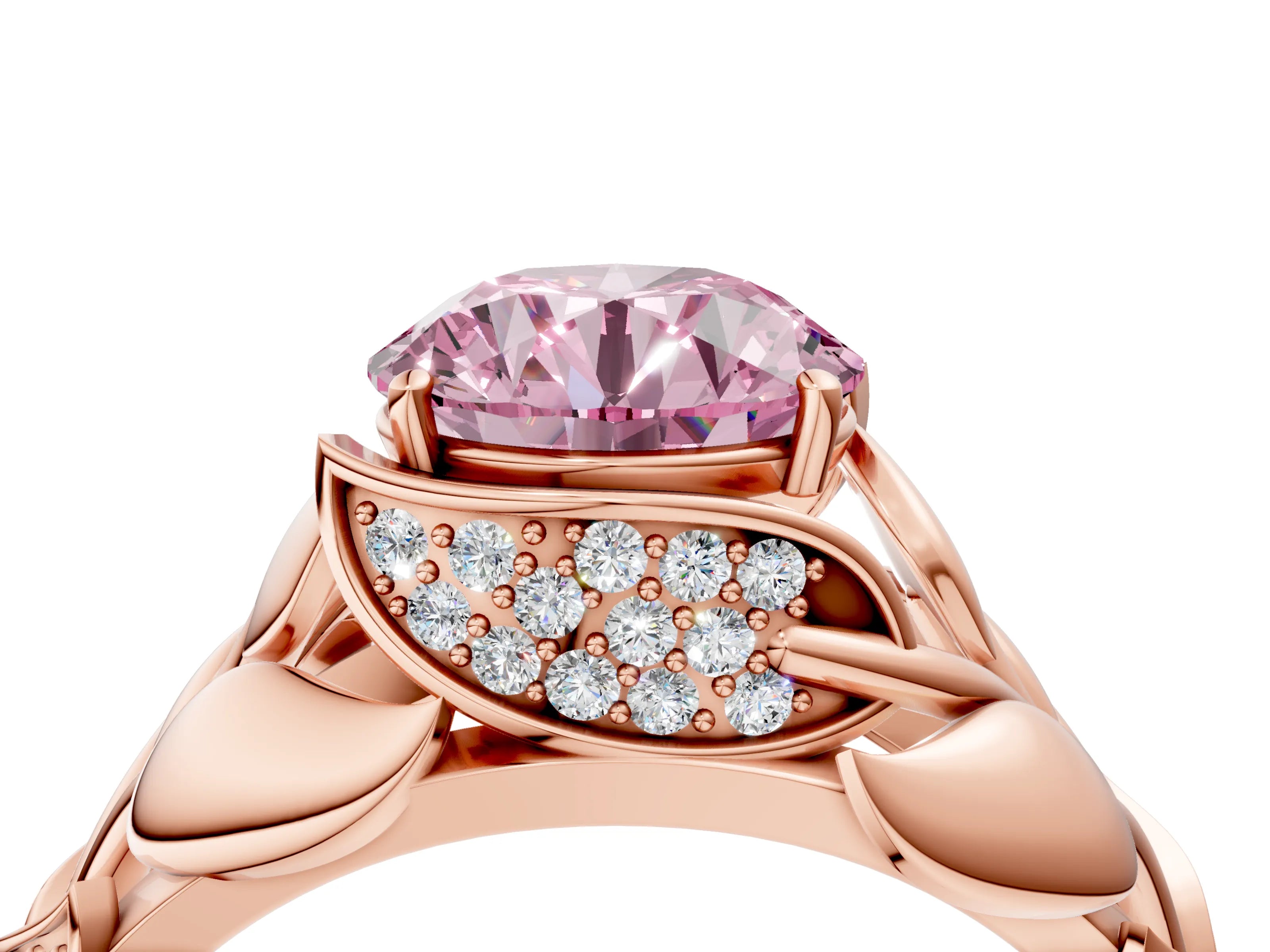 Rose gold Fancy Pink Round Cut Solitaire Leaf-Inspired Engagement Ring with Prong Setting_4