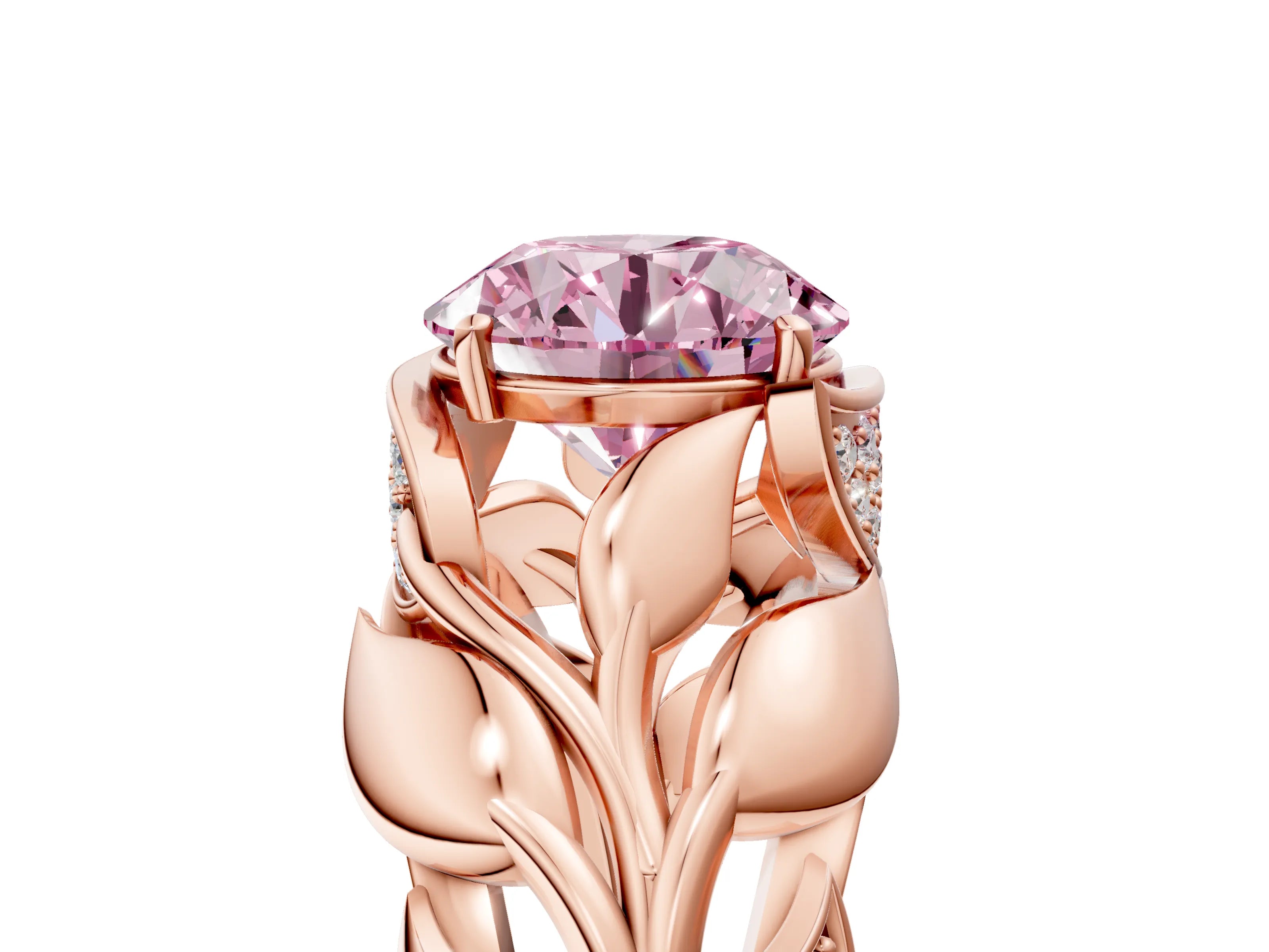 Rose gold Fancy Pink Round Cut Solitaire Leaf-Inspired Engagement Ring with Prong Setting_5