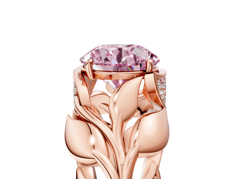 Rose gold Fancy Pink Round Cut Solitaire Leaf-Inspired Engagement Ring with Prong Setting_5