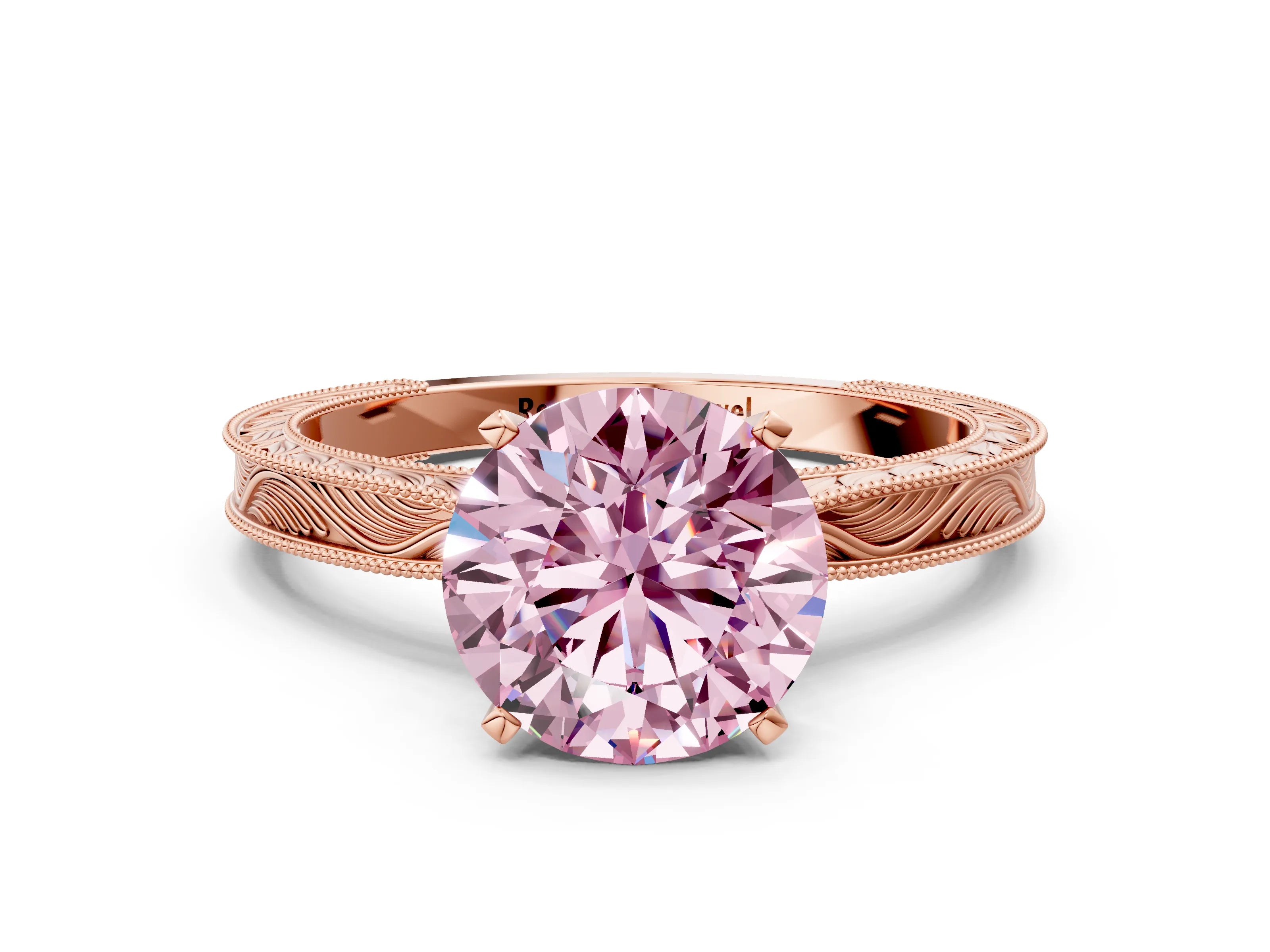 Rose gold Fancy Pink Round Cut Solitaire Milgrain Engraved Band with Four-Prong Setting