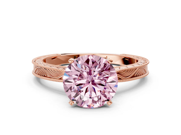 Rose gold Fancy Pink Round Cut Solitaire Milgrain Engraved Band with Four-Prong Setting