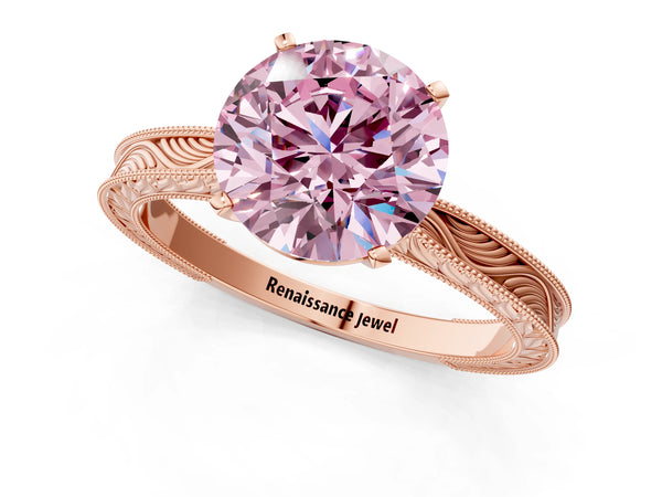 Rose gold Fancy Pink Round Cut Solitaire Milgrain Engraved Band with Four-Prong Setting
