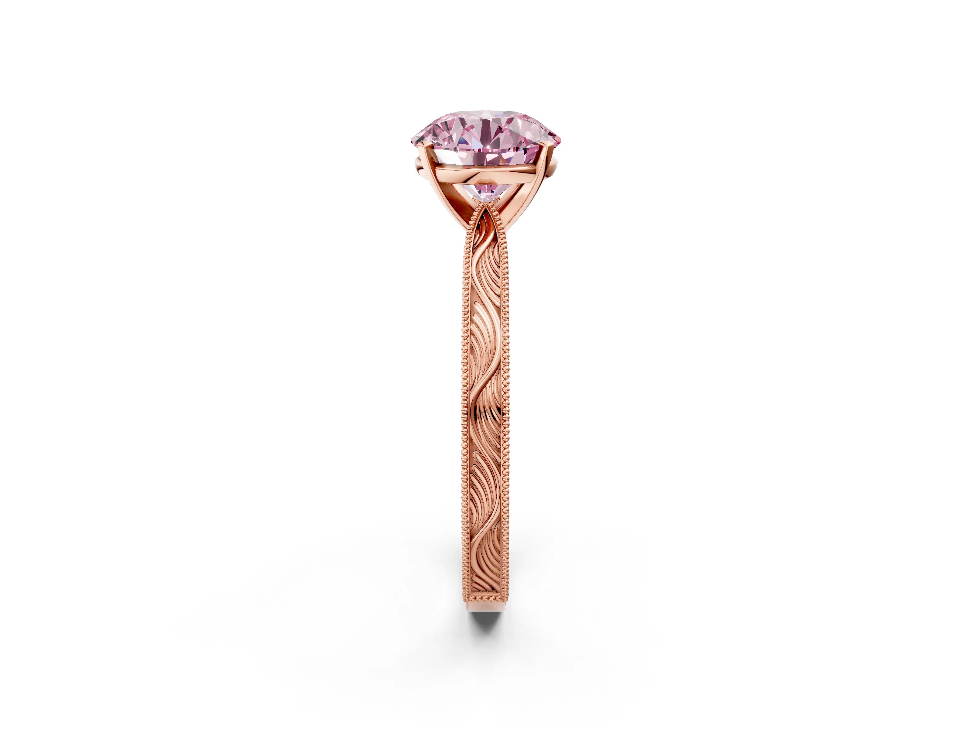 Rose gold Fancy Pink Round Cut Solitaire Milgrain Engraved Band with Four-Prong Setting_2