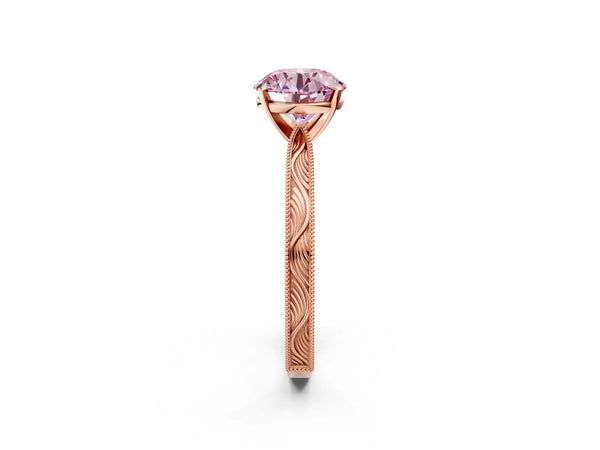 Rose gold Fancy Pink Round Cut Solitaire Milgrain Engraved Band with Four-Prong Setting